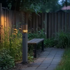 QAZQA Gartenbeleuchtung|Stehlampen Außen*Außenleuchte Dunkelgrau mit Rauchglas 80cm IP44 mit Steckdose und Bewegungssensor - Malios