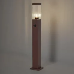 QAZQA Gartenbeleuchtung|Stehlampen Außen*Außenleuchte Rostbraun mit Klarglas 80cm IP44 mit Steckdose und Bewegungssensor - Malios