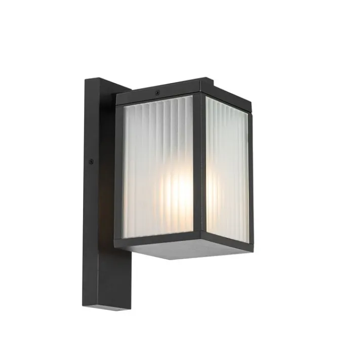 QAZQA Gartenbeleuchtung|Außenwandleuchten*Außenwandlaterne schwarz mit geripptem Glas IP44 - Charlois