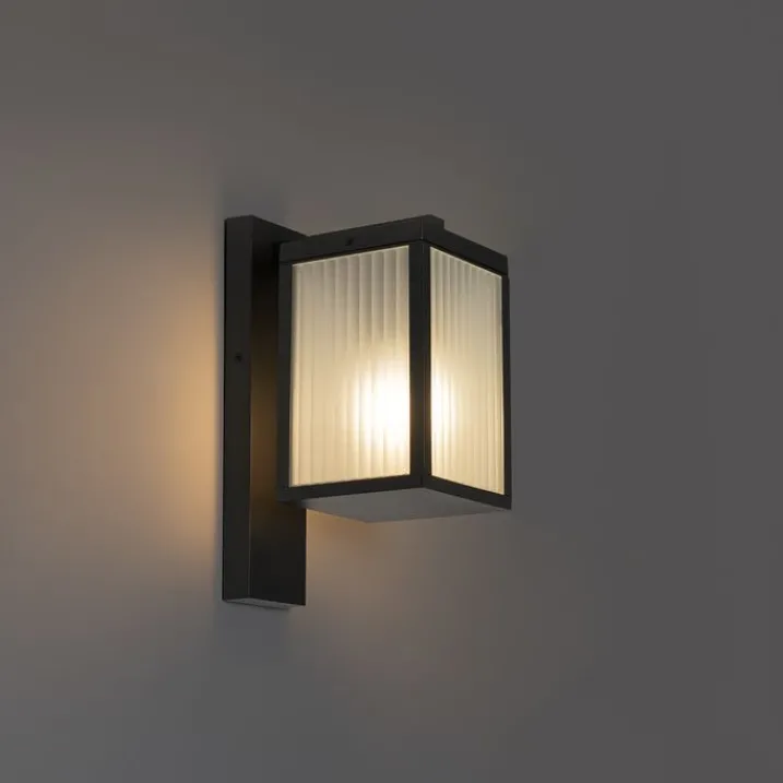 QAZQA Gartenbeleuchtung|Außenwandleuchten*Außenwandlaterne schwarz mit geripptem Glas IP44 - Charlois