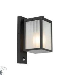 QAZQA Gartenbeleuchtung|Außenleuchten Mit Sensor*Außenwandlaterne schwarz mit geripptem Glas und Bewegungssensor - Charlois