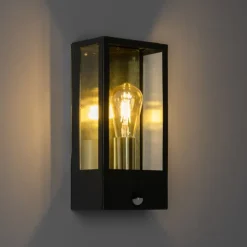 QAZQA Gartenbeleuchtung|Außenleuchten Mit Sensor*Außenwandleuchte schwarz mit Gold und Bewegungsmelder - Rotterdam