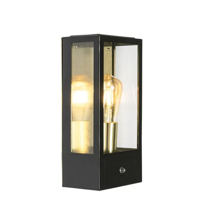 QAZQA Gartenbeleuchtung|Außenleuchten Mit Sensor*Außenwandleuchte schwarz mit goldenem Hell-Dunkel-Sensor - Rotterdam