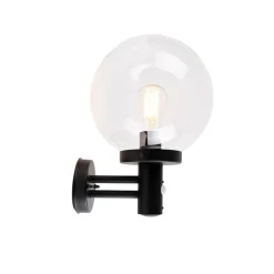 QAZQA Gartenbeleuchtung|Außenleuchten Mit Sensor*Außenwandleuchte schwarz mit klarem Glas inkl. Bewegungsmelder - Sfera