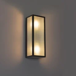 QAZQA Gartenbeleuchtung|Außenwandleuchten*Außenwandleuchte schwarz mit geripptem Glas 2-flammig IP44 - Charlois