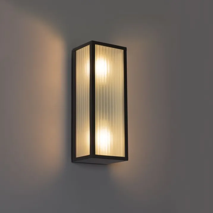 QAZQA Gartenbeleuchtung|Außenwandleuchten*Außenwandleuchte schwarz mit geripptem Glas 2-flammig IP44 - Charlois