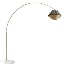 QAZQA Bogenlampen|Stehlampen*Bogenlampe aus Messing mit doppeltem, weißem Samtschirm, Blattdesign und Beige - XXL