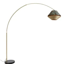 QAZQA Bogenlampen|Stehlampen*Bogenlampe aus Messing mit doppeltem Samtschirm Blattdesign und Beige - XXL