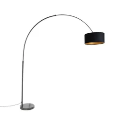 QAZQA Schlafzimmerlampen|Wohnzimmerlampen*Bogenlampe schwarz Veloursschirm schwarz mit Gold 50 cm - XXL