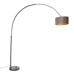 QAZQA Schlafzimmerlampen|Wohnzimmerlampen*Bogenleuchte schwarz mit Samtlampenschirm Taupe mit Gold 50 cm - XXL