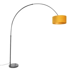 QAZQA Bogenlampen|Stehlampen*Bogenleuchte schwarz mit Samt-Schirm senfgelb mit Gold 50 cm - XXL