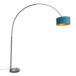 QAZQA Bogenlampen|Stehlampen*Bogenleuchte schwarzer Samt-Schirm blau mit Gold 50 cm - XXL