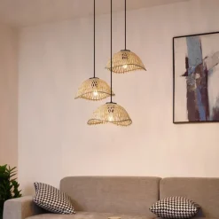 QAZQA Pendelleuchten|Wohnzimmerlampen*Boho-Hängelampe Schwarz mit Bambus 3-flammig - Lily