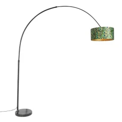 QAZQA Stehlampen|Bogenlampen*Botanische Bogenlampe mit schwarzem Samt-Schirm Pfauen-Design 50 cm - XXL