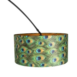 QAZQA Stehlampen|Bogenlampen*Botanische Bogenlampe mit schwarzem Samt-Schirm Pfauen-Design 50 cm - XXL