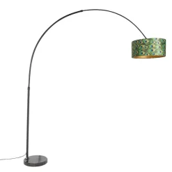 QAZQA Stehlampen|Bogenlampen*Botanische Bogenlampe mit schwarzem Samt-Schirm Pfauen-Design 50 cm - XXL