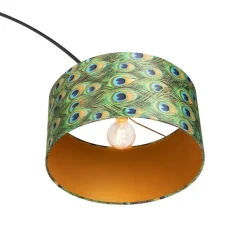 QAZQA Stehlampen|Bogenlampen*Botanische Bogenlampe mit schwarzem Samt-Schirm Pfauen-Design 50 cm - XXL