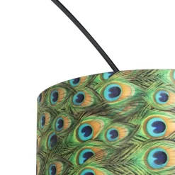 QAZQA Stehlampen|Bogenlampen*Botanische Bogenlampe mit schwarzem Samt-Schirm Pfauen-Design 50 cm - XXL