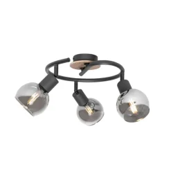 QAZQA Deckenstrahler|Aufbaustrahler*Deckenleuchte schwarz 44,5 cm mit Rauchglas und Holz 3-flammig - Vidro