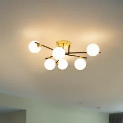 QAZQA Deckenleuchten|Wohnzimmerlampen*Deckenleuchte schwarz mit Gold und Opalglas 6 Lichter - Lynn