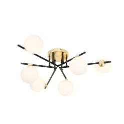 QAZQA Deckenleuchten|Wohnzimmerlampen*Deckenleuchte schwarz mit Gold und Opalglas 6 Lichter - Lynn