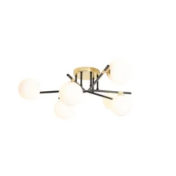 QAZQA Deckenleuchten|Wohnzimmerlampen*Deckenleuchte schwarz mit Gold und Opalglas 6 Lichter - Lynn