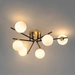 QAZQA Deckenleuchten|Wohnzimmerlampen*Deckenleuchte schwarz mit Gold und Opalglas 6 Lichter - Lynn