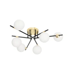 QAZQA Deckenleuchten|Wohnzimmerlampen*Deckenleuchte schwarz mit Gold und Opalglas 6 Lichter - Lynn