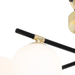QAZQA Deckenleuchten|Wohnzimmerlampen*Deckenleuchte schwarz mit Gold und Opalglas 6 Lichter - Lynn