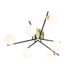 QAZQA Deckenleuchten|Wohnzimmerlampen*Deckenleuchte schwarz mit Gold und Opalglas 6 Lichter - Lynn