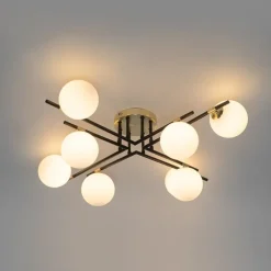 QAZQA Schlafzimmerlampen|Esszimmerlampen*Deckenleuchte schwarz mit Gold und Opalglas 8 Lichter - Lynn