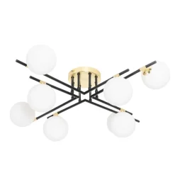 QAZQA Schlafzimmerlampen|Esszimmerlampen*Deckenleuchte schwarz mit Gold und Opalglas 8 Lichter - Lynn