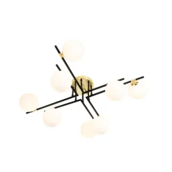 QAZQA Schlafzimmerlampen|Esszimmerlampen*Deckenleuchte schwarz mit Gold und Opalglas 8 Lichter - Lynn