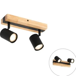 QAZQA Schlafzimmerlampen|Küchenlampen*Deckenleuchte schwarz mit Holz 2-flammig verstellbar rechteckig - Jeana