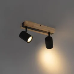 QAZQA Schlafzimmerlampen|Küchenlampen*Deckenleuchte schwarz mit Holz 2-flammig verstellbar rechteckig - Jeana
