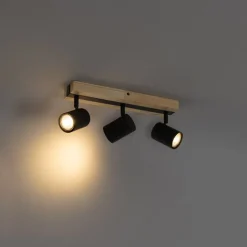QAZQA Schlafzimmerlampen|Küchenlampen*Deckenleuchte schwarz mit Holz 3-flammig verstellbar rechteckig - Jeana