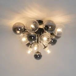 QAZQA Deckenleuchten|Wohnzimmerlampen*Deckenleuchte schwarz mit Rauchglas und klarem Glas 10-flammig - Bonnie