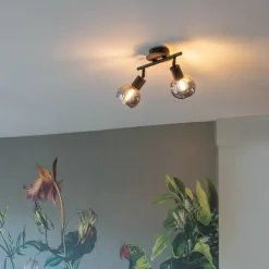 QAZQA Aufbaustrahler|Deckenstrahler*Deckenleuchte schwarz mit Rauchglas und Holz 2-flammig - Vidro