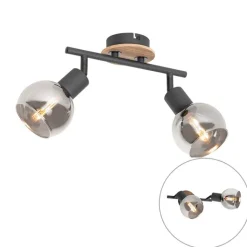 QAZQA Aufbaustrahler|Deckenstrahler*Deckenleuchte schwarz mit Rauchglas und Holz 2-flammig - Vidro