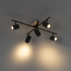 QAZQA Schlafzimmerlampen|Küchenlampen*Deckenleuchte schwarz mit Holz 5-flammig verstellbar rechteckig - Jeana