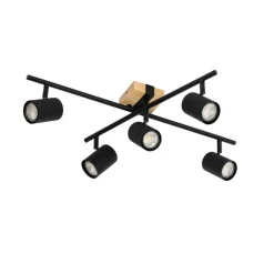 QAZQA Schlafzimmerlampen|Küchenlampen*Deckenleuchte schwarz mit Holz 5-flammig verstellbar rechteckig - Jeana