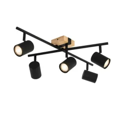 QAZQA Schlafzimmerlampen|Küchenlampen*Deckenleuchte schwarz mit Holz 5-flammig verstellbar rechteckig - Jeana