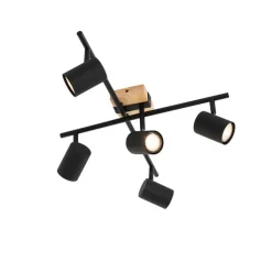 QAZQA Schlafzimmerlampen|Küchenlampen*Deckenleuchte schwarz mit Holz 5-flammig verstellbar rechteckig - Jeana