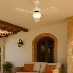 QAZQA Led-Außenleuchten|Wohnzimmerlampen*Deckenventilator für Außenbereich weiß mit Holzaufdruck 91,3 cm inkl. LED Dimmbar mit Fernbedienung IP44 - Toledo