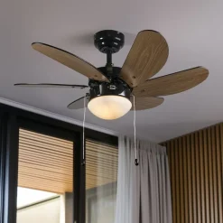 QAZQA Deckenventilator Mit Licht|Wohnzimmerlampen*Deckenventilator schwarz mit Holzprint 80cm mit Zugkordel - Fresh