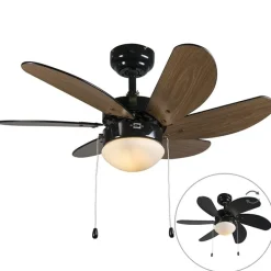 QAZQA Deckenventilator Mit Licht|Wohnzimmerlampen*Deckenventilator schwarz mit Holzprint 80cm mit Zugkordel - Fresh