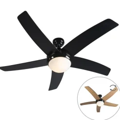 QAZQA Deckenventilator Mit Licht|Esszimmerlampen*Deckenventilator schwarz mit Holzprint 132cm mit Fernbedienung - Cool