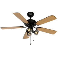 QAZQA Schlafzimmerlampen|Küchenlampen*Deckenventilator schwarz mit Holzprint 107,5 cm 3-flammig mit Zugschalter - Mistral Vidro