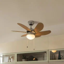 QAZQA Schlafzimmerlampen|Küchenlampen*Deckenventilator Stahl mit Holzprint 80cm mit Zugschalter - Fresh