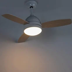 QAZQA Deckenventilator Mit Licht|Wohnzimmerlampen*Deckenventilator weiß mit Holzaufdruck 96cm mit Fernbedienung - Rotar